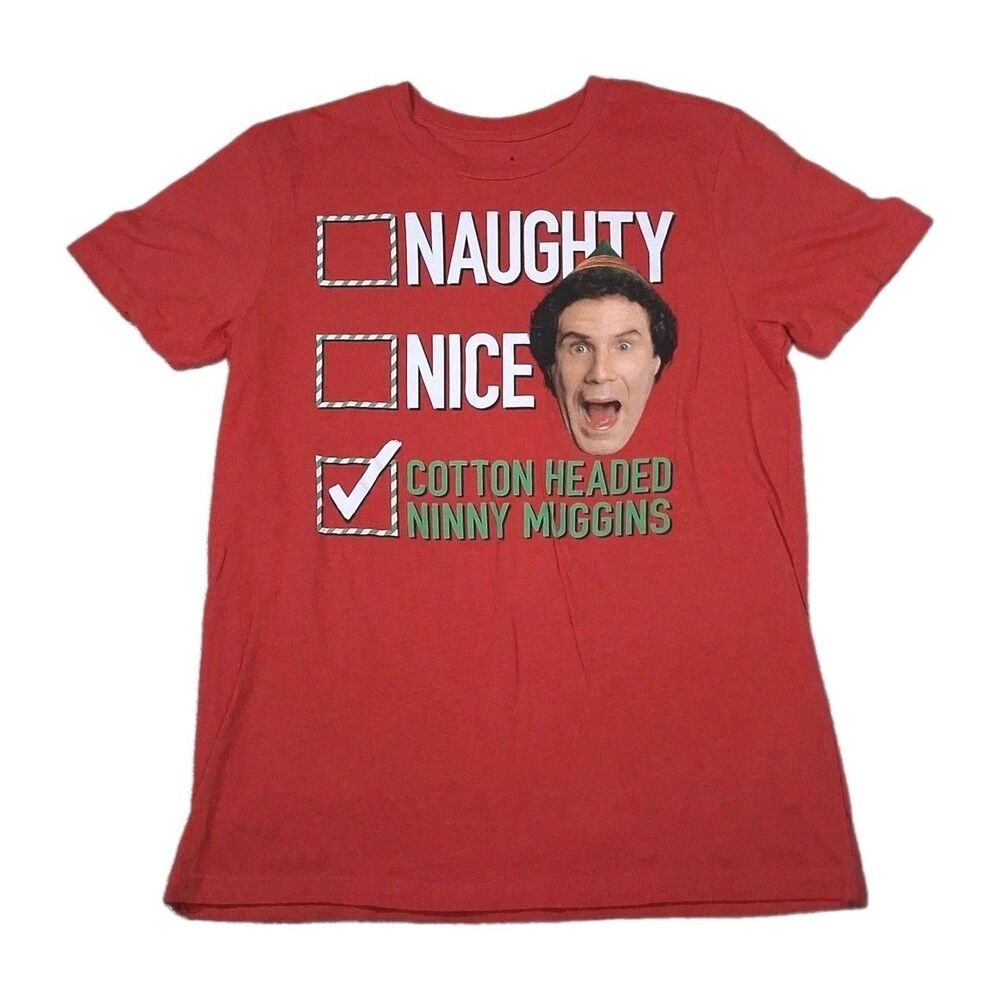 Elf Movie Shirt Mens Large Red Naughty Nice Cotton Headed Ninny Muggins Graphic